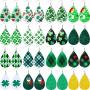 St Patricks Day 16 Pairs Green Faux Leather Earrings Teardrop Leaf Drop Earring Gift for Charm Women (Shamrock and Plaid Prints)