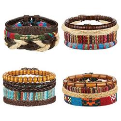 LOYALLOOK 15pcs Men Women Linen Hemp Cords Wood Beads Ethnic Tribal Bracelets Leather Wristbands