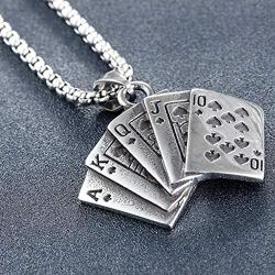 Jude Jewelers Stainless Steel Royal Flush Poker Games Pendant Necklace (Silver)