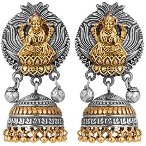 Aheli Indian Traditional Goddess Laxmi Crafted Vintage Oxidized Jhumki Dangle Earrings Ethnic Wedding Temple Antique Jewelry for Women