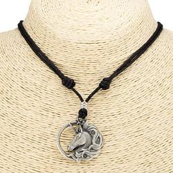 Unicorn Pendant on Adjustable Black Rope Cord Necklace (Old Silver)