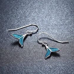Mermaid Tail Drop Dangle Earrings, 925 Sterling Silver Mermaid Tail Ring Ocean Sea Whale’s Tail Earrings for Women Girls