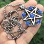 OhDeal4U Wicca Jewelry Celtic Pentagram Pentacle Star Blue Crystal Gem Wiccan Pagan Witch Magic Healing Protection Amulet Pewter Mens Womens Pendant Necklace Charm for Men Women Silver Ball Chain