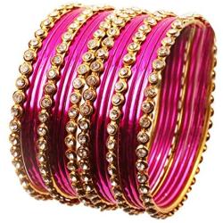 Touchstone ''Colorful Collection Indian Bollywood Alloy Single Line Clear Rhinestone and Textured Fuchsia Pink Color Bangle Bracelets Set of 18 in Antique Gold Tone for Women.