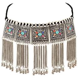 Zephyrr Necklace Boho Tribal Style Oxidized Silver Pendant Trendy Tassel Choker For Girls and Women