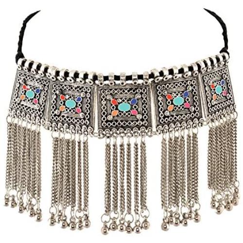 Zephyrr Necklace Boho Tribal Style Oxidized Silver Pendant Trendy Tassel Choker For Girls and Women