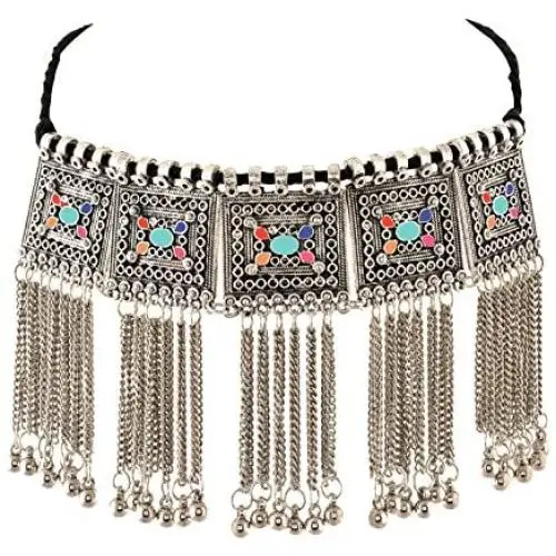 Zephyrr Necklace Boho Tribal Style Oxidized Silver Pendant Trendy Tassel Choker For Girls and Women