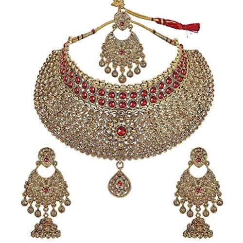 Indian Bollywood Maang Tikka With Crystal Necklace Earrings Set Wedding Ethnic Designer Party Jewelry For Women
