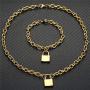 WangGao Punk Lock Charms Jewelry Set Stainless Steel Link Chain Necklace & Bracelet for Women with Clasp Closure