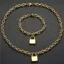 WangGao Punk Lock Charms Jewelry Set Stainless Steel Link Chain Necklace & Bracelet for Women with Clasp Closure