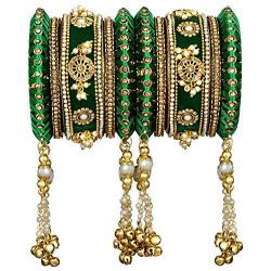 Aheli Traditional Wedding Designer Velvet Faux Stone Studded Bridal Bangle Set Chuda with Hanging Tassel Indian Fashion Party Jewelry for Women