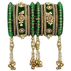 Aheli Traditional Wedding Designer Velvet Faux Stone Studded Bridal Bangle Set Chuda with Hanging Tassel Indian Fashion Party Jewelry for Women