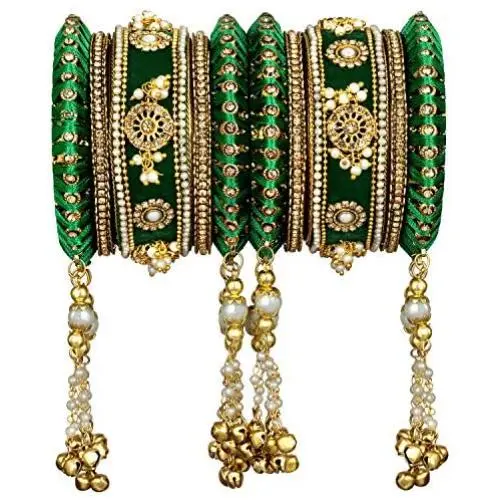 Aheli Traditional Wedding Designer Velvet Faux Stone Studded Bridal Bangle Set Chuda with Hanging Tassel Indian Fashion Party Jewelry for Women