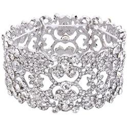 EVER FAITH Womens Austrian Crystal Bride Heart Art Deco Elastic Stretch Bracelet Clear