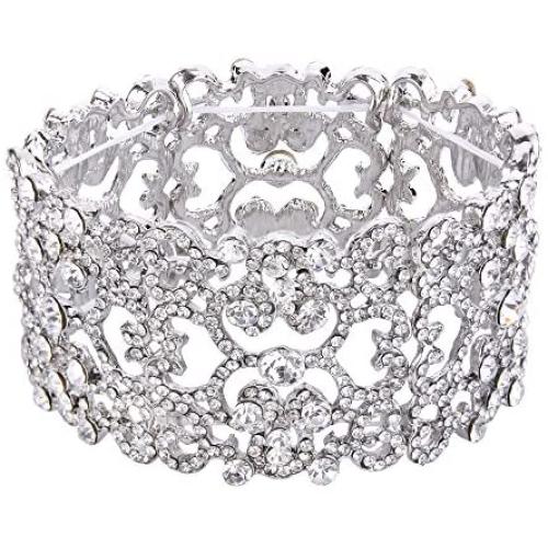 EVER FAITH Womens Austrian Crystal Bride Heart Art Deco Elastic Stretch Bracelet Clear