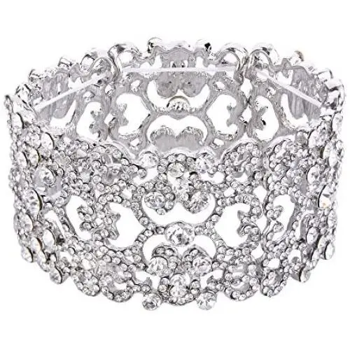 EVER FAITH Womens Austrian Crystal Bride Heart Art Deco Elastic Stretch Bracelet Clear EVER FAITH Womens Austrian Crystal Bride Heart Art Deco Elastic Stretch Bracelet Clear