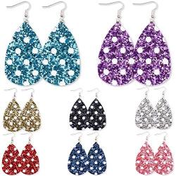 Lattiz Glitter Faux Leather Earrings for Women Teardrop Dangle Handmade Reflective Petal Earrings with Grid Dots Painting Colorful Jewelry