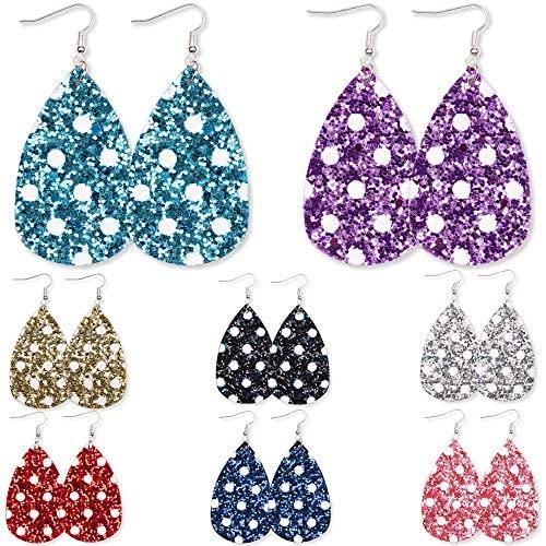 Lattiz Glitter Faux Leather Earrings for Women Teardrop Dangle Handmade Reflective Petal Earrings with Grid Dots Painting Colorful Jewelry