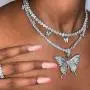 Statement Big Butterfly Pendant Chunky Chain Bling Bling Choker Necklace Dainty Double Layer Rhinestone Crystal Tennis Chain Tiered Collar Necklace for Women Girl Party Jewelry Gift