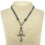 BlueRica Ankh Cross of Life Pendant on Adjustable Black Rope Cord Necklace (Old Silver Color)