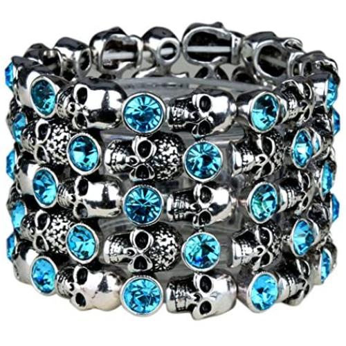 YACQ Womens Skull Stretch Cuff Bracelets - Elastic Band Fit Wrist 7 to 8 Inch - Lead & Nickle Free - Women Biker Jewelry