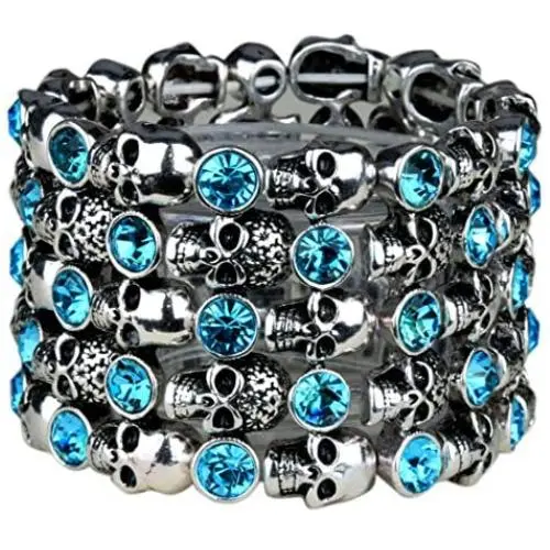 YACQ Womens Skull Stretch Cuff Bracelets - Elastic Band Fit Wrist 7 to 8 Inch - Lead & Nickle Free - Women Biker Jewelry