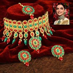 Aheli Stylish Bollywood Diva Deepika Padukone Reception Designed Choker Necklace with Maang Tikka Set Indian Traditional Wedding Fashion Jewelry for Women Girls