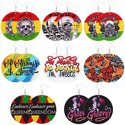 African Wooden Earrings, MTSCE 8 PC African Jewelry Ethnic Style Hip Hop Pop Earrings for Women Girls