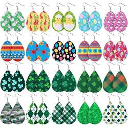 20 Pairs Easter Spring Faux Leather Earrings Easter Egg Bunny Green Plaid Shamrock Teardrop Earrings Dangle Earrings Set for Women Girls Birthday Party