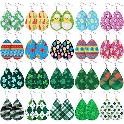 20 Pairs Easter Spring Faux Leather Earrings Easter Egg Bunny Green Plaid Shamrock Teardrop Earrings Dangle Earrings Set for Women Girls Birthday Party