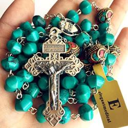 elegantmedical Turquoise TIBET COPPER BEADS STERLING 925 SILVER ROSARY NECKLACE Catholic