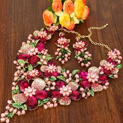 EVER FAITH Crystal Rhinestone White Simulated Pearl Gorgeous Spring Flower Leaf Plant Jewelry Set