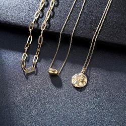 CLASSYZINT Gold Layered Necklaces for Women, 3 Layer Paperclip Chain Choker Coin Pendant Necklace Gold Jewelry Necklace Sets for Women