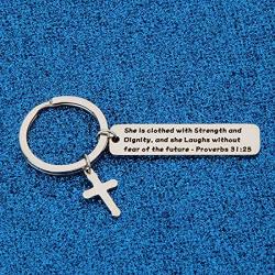 WUSUANED Bible Verse Jewelry She is Clothed with Strength and Dignity Cross Keychain Inspirational Jewelry Gift for Christian