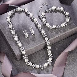 BriLove Wedding Bridal Simulated Pearl Necklace Bracelet Earrings Jewelry Set for Women Crystal Flower Collar Necklace Tennis Bracelet Drop Earrings Set Clear Silver-Tone