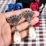 BriLove Womens Vintage Inspired Crystal Simulated Pearl Art Deco Fan Chandelier Dangle Earrings Clear Antique-Gold-Tone