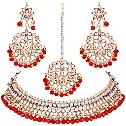 Aheli Faux Kundan Beaded Necklace Earrings Maang Tikka Indian Bollywood Ethnic Jewelry Set for Women