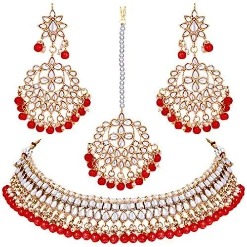 Aheli Faux Kundan Beaded Necklace Earrings Maang Tikka Indian Bollywood Ethnic Jewelry Set for Women