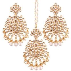 I Jewels Gold Plated Kundan & Pearl Earring Set with Maang Tikka for Women