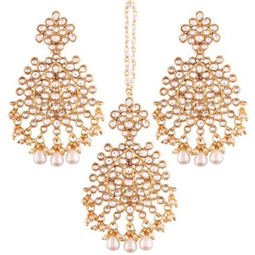 I Jewels Gold Plated Kundan & Pearl Earring Set with Maang Tikka for Women