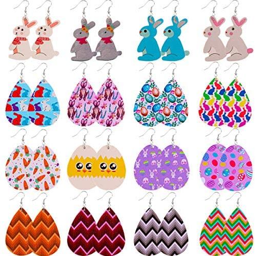 Easter Earrings Leather Earrings for Women Girls Lightweight Happy Easter Bunny Earrings Holiday Egg Earrings Teardrop 16 Pairs