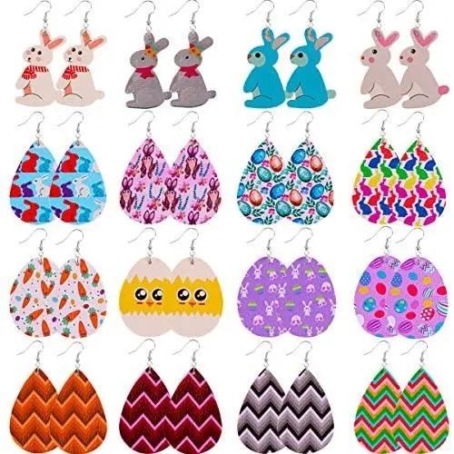 Easter Earrings Leather Earrings for Women Girls Lightweight Happy Easter Bunny Earrings Holiday Egg Earrings Teardrop 16 Pairs