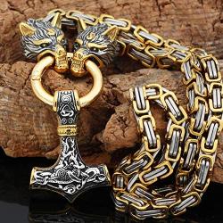 GuoShuang Men Wolf Head Norse Viking Amulet Thor Hammer Pendant Necklace -Stainless Steel King Chain