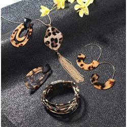 LOYALLOOK 4Set Leopard Jewelry Set Leopard Bracelet Acrylic Hoop Earring Statement Leopard Long Tassel Pendant Necklace for Women