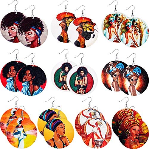 10 Pairs Round African Women Earrings Wooden Painted Earrings Ethnic Style Earring