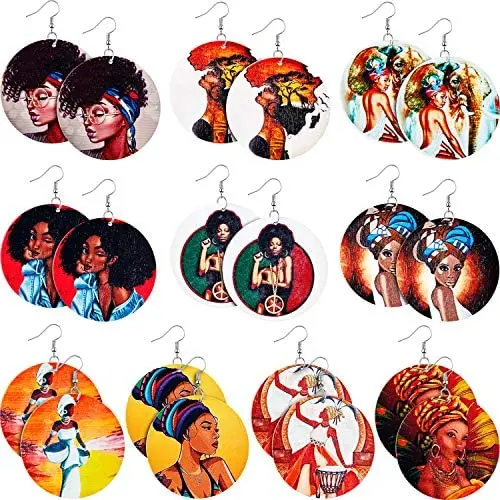 10 Pairs Round African Women Earrings Wooden Painted Earrings Ethnic Style Earring 10 Pairs Round African Women Earrings Wooden Painted Earrings Ethnic Style Earring