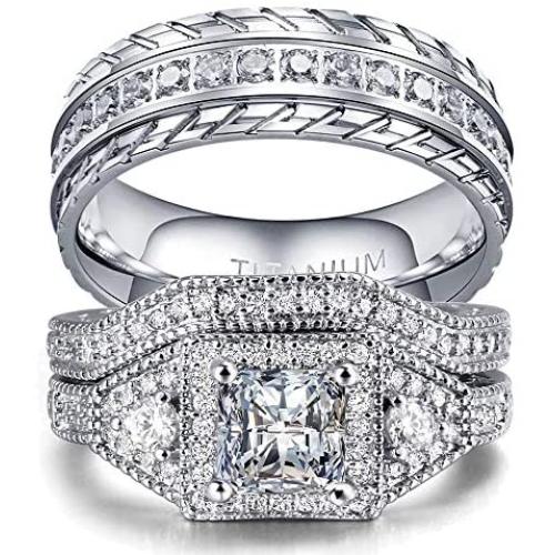 wedding ring set Two Rings His Hers Couples Matching Rings Womens 2pc White Gold Filled Square CZ Wedding Engagement Ring Bridal Sets & Mens Titanium Wedding Band