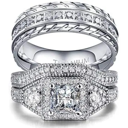 wedding ring set Two Rings His Hers Couples Matching Rings Womens 2pc White Gold Filled Square CZ Wedding Engagement Ring Bridal Sets & Mens Titanium Wedding Band wedding ring set Two Rings His Hers Couples Matching Rings Womens 2pc White Gold Filled Square CZ Wedding Engagement Ring Bridal Sets & Mens Titanium Wedding Band
