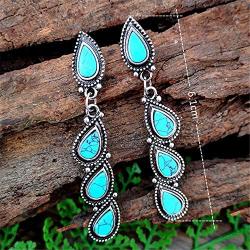 D.Rosse Unique Indian Ethnic Long Retro Turquoise Link Teardrop Dangle Drop Earrings Boho Gypsy Geometric Waterdrop Vintage Silver Stud Earrings for Women Girls Statement Jewelry