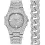 2cm Hip Hop Men Watch & Necklace & Bracelet Gold Sliver Color Iced Out Crystal Miami Cuban Chain Gold Silver Men Rock Set Hip Hop King